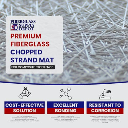Fiberglass Supply Depot Fiberglass Chopped Strand Mat 1.5 oz | 50 inches Wide x 30 Feet Long | 10 Yards Rolled | Hand Layup, Vacuum Bagging, Polyester or Vinyl Ester Resins