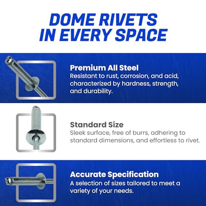Fastenere Pop Rivets - 1/8" x 5/8" (100 pcs) Heavy Duty, Open-End, Low Carbon Steel, Dome-Head Blind Rivets, Corrosion-Resistant & High Shear Strength, 4-10 Gap 0.501"-0.625" - size: 1/8" x 5/8" (4-10) (100 Pack)