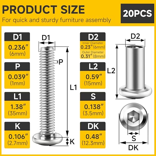 Mywish 10Sets M6 x 35mm Flat Head Hex Socket Cap Screws Bolts and Barrel Nuts Kit, 304 Stainless Steel Furniture Connector Bolts, Metric M6 Countersunk Binding Screws for Crib Cabinet with Hex Spanner - size: M6 x 35mm