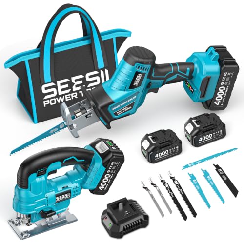 SEESII 2-Tool Cordless Combo Kit, Reciprocating Saw & Jig Saw with 2x4.0Ah Batteries, Brushless Motor, 0-45° Bevel Cut Jigsaw, Adjustable Speed, LED Light, Lightweight for Wood/Metal/PVC Cutting, DIY - color: Dark Blue