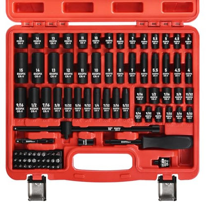 1/4" Socket Set 85 Piece, Metric Shallow/Deep Sockets (4-15mm) and SAE Shallow/Deep Sockets (5/32-9/16), Screwdriver Bit Set, Tool Kit for Home Use and Automotive Repair - color: 1/4-85pcs