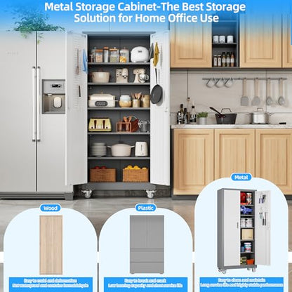 Reemoon 71" H Metal Garage Storage Cabinet with Wheels,Grey&White - color: White, size: 31.5" W x 16" D x 71" H