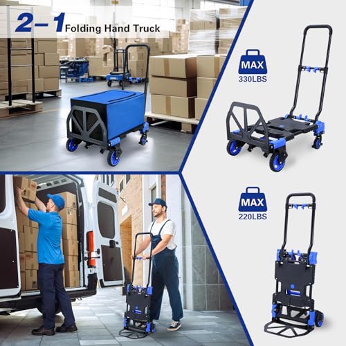 YANGTZE 2-1 Folding Hand Truck Dolly Cart with Wheels,330LBS Capacity - color: D-blue