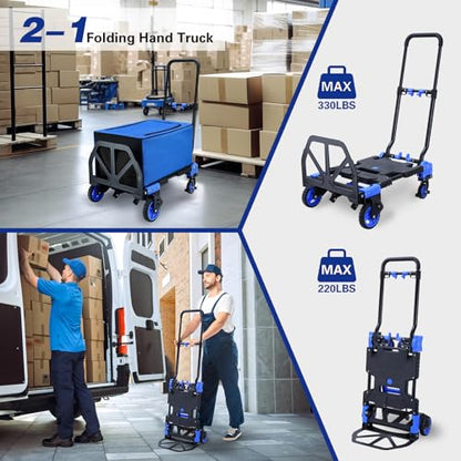 YANGTZE 2-1 Folding Hand Truck Dolly Cart with Wheels,330LBS Capacity - color: D-blue
