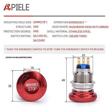 APIELE 22mm Metal Emergency Stop Push Button Switch Latching 12V-250V Stainless Steel 7/8" Mounting Hole B Type - size: 22mm (7/8"), style: B Type