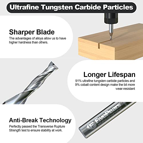 FivePears Up Cut Spiral Router Bit for CNC, 1/8 inch Cutting Diameter and 1/2 inch Cutting Length 1/4 inch Shank Carbide End Mill Router Bit for Wood Carving Engraving Grinding Grooving - size: 1/8" Dia - 1/2" CL - 1/4" Shank, style: Up Cut