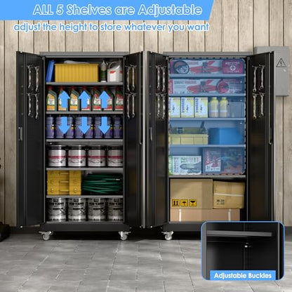 Aobabo Metal Garage Storage Cabinet with Wheels and Pegboard, Black