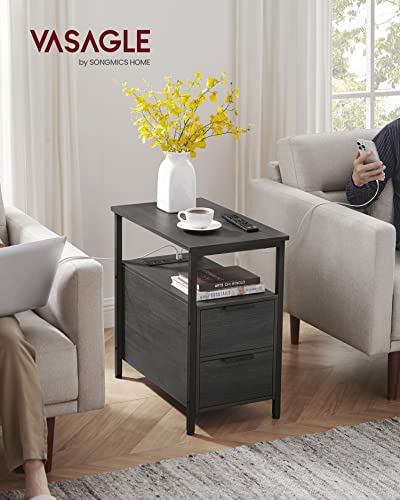 VASAGLE Side End Table with Charging Station, Slim Nightstand with Storage - color: Charcoal Gray + Ink Black, size: 23.6"D x 13.8"W