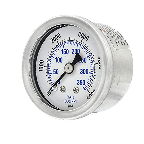Liquid Filled Center Back Mount Pressure Gauge with 1.5" Dial, 0-5000 PSI, 1/8" Male NPT Connection, Stainless Steel CASE and Bezel (1)