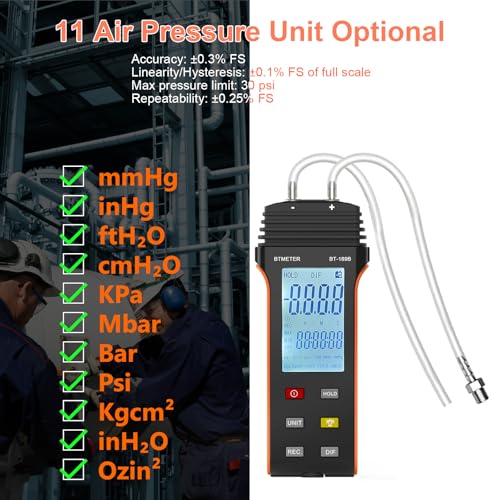 BTMETER Hot Wire Anemometer Dual Port Manometer Kit - 12 Selectable Units - color: Red