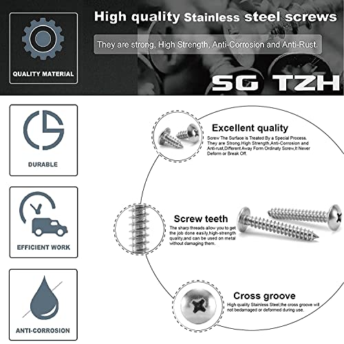 #6 x 1-1/2" Wood Screw 100Pcs Truss Head Phillips 18-8 (304) Stainless Steel Fast Self Tapping Screws by SG TZH - size: #6 x 1-1/2"