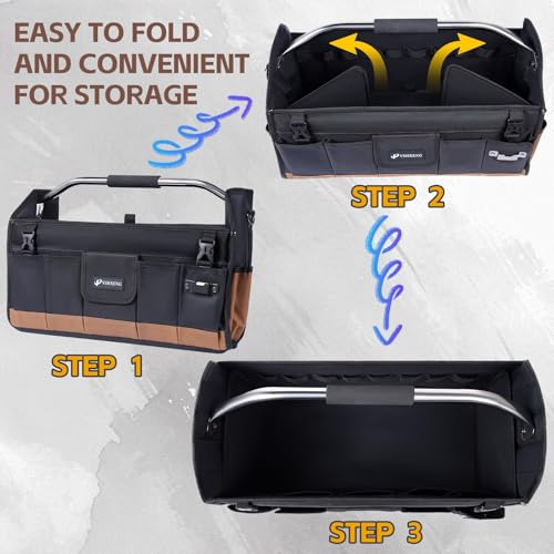 22 Inch Tool Bag, Foldable 19 Pockets Tool Tote Bags with Tool Organizer with Adjustable Shoulder Strap, Easy Carry and Easy Tool Access Open Top Tool Bag - size: 22IN