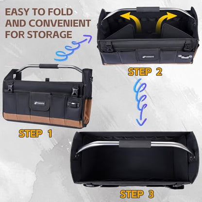 20 Inch Tool Bag, Foldable 19 Pockets Tool Tote Bags with Tool Organizer with Adjustable Shoulder Strap, Easy Carry and Easy Tool Access Open Top Tool Bag - size: 20IN
