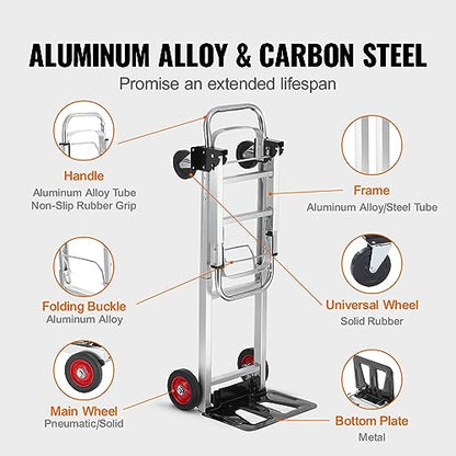 VEVOR Aluminum Folding Hand Truck, 2 in 1 Design 400 lbs Capacity, Heavy Duty Industrial Collapsible cart, Dolly Cart with Rubber Wheels for Transport and Moving in Warehouse, Supermarket, Garden - size: 400 lbs