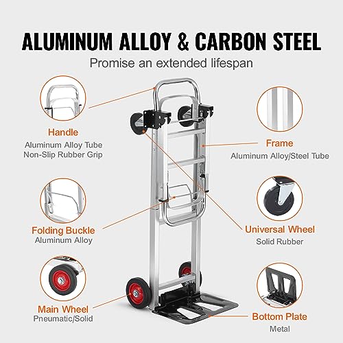 VEVOR Aluminum Folding Hand Truck, 2 in 1 Design 400 lbs Capacity, Heavy Duty Industrial Collapsible cart, Dolly Cart with Rubber Wheels for Transport and Moving in Warehouse, Supermarket, Garden - size: 400 lbs