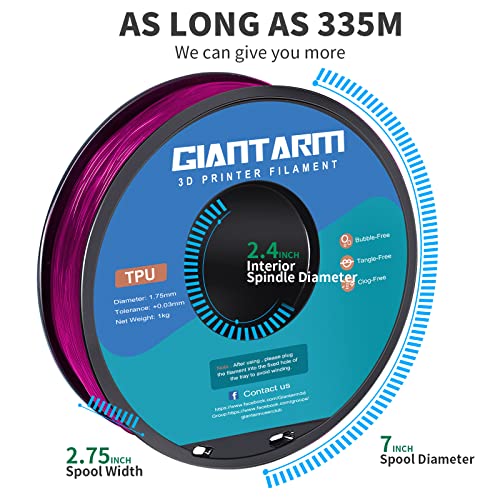 GIANTARM 95A TPU 3D Printer Filament 1.75mm, 1kg, Clear Pink, +/- 0.03mm - color: Tpu-pink