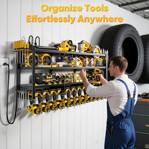 POKIPO Power Tool Organizer Wall Mount with Charging Station, 4 Tier Tool Battery Storage Rack Built in 8 Outlet Power Strip for Garage, 49" W, Black - color: Black, size: 49" W