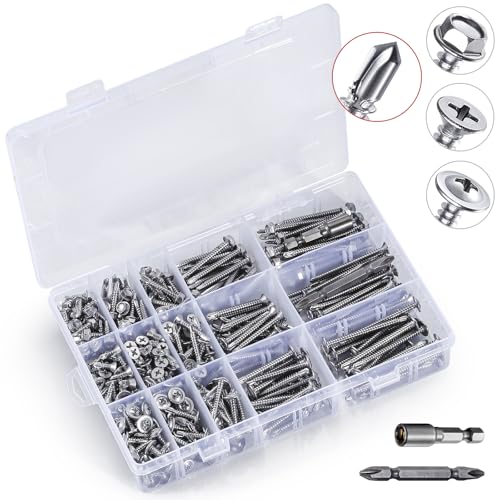 440 Pcs 410 Stainless Steel Sheet Metal Self-Tapping Screws Combination Set with Flat Head, Large Flat Head and Hexagon Head Screws 8# Length 1/2” to 2”（Silver）