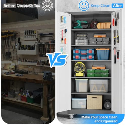 Reemoon 71" H Metal Garage Storage Cabinet with Wheels,Grey&White - color: White, size: 31.5" W x 16" D x 71" H