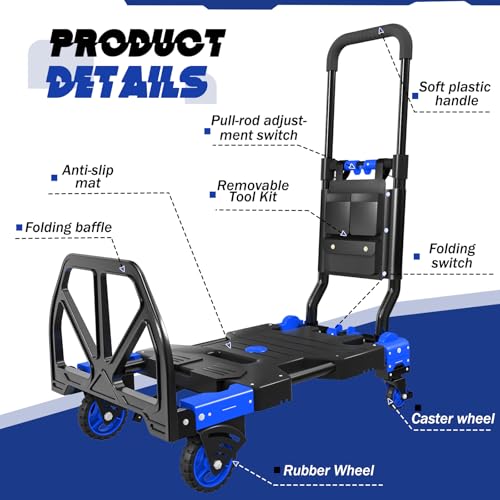 Folding Hand Truck, 2 in 1 Portable Heavy Duty Carrying Moving Dolly Cart with 4 Foldable Wheels and Retractable Handle Duty 330lbs (Blue with Folding Basket) - color: Blue-d