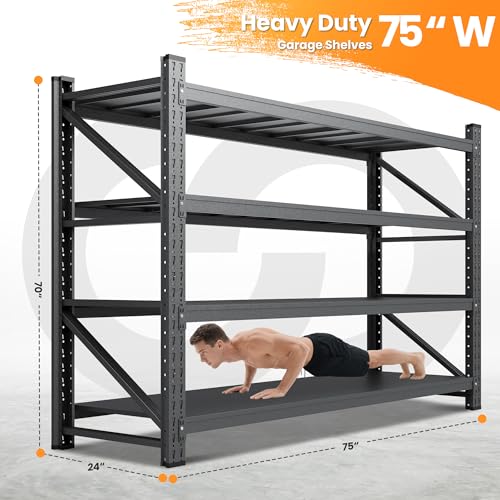 75” Wide Heavy Duty Metal Garage Shelving, Adjustable Storage Shelf - color: Matte Black, size: 75"Wx24"Dx70"H