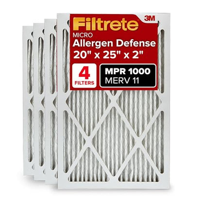 Filtrete 20x25x2 AC Furnace Air Filter, MERV 11, MPR 1000, Allergen Defense, 3-Month Pleated 2-Inch Electrostatic Air Cleaning Filter, 4 Pack (Actual Size 19.5 x 24.5 x 1.75 in) - size: 20x25x2