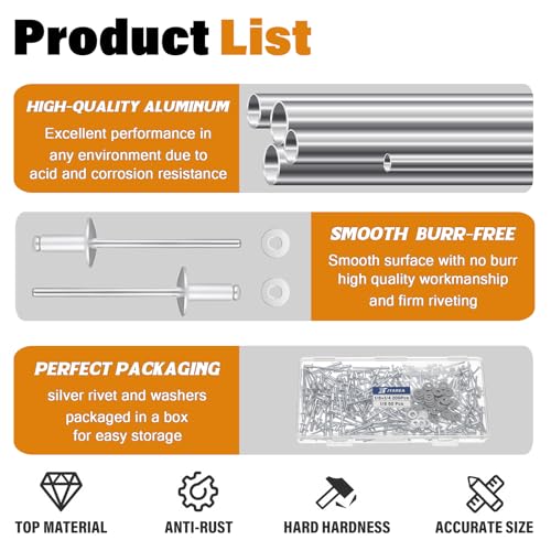 250pcs 1/8" x 1/4" Silver Aluminum Pop Rivets with Stainless Steel Washers 3.2 x 6.4mm Blind Rivet Assortment Kit - size: 1/8*1/4