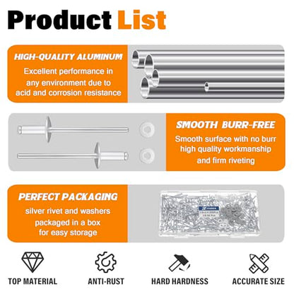 250pcs 1/8" x 1/4" Silver Aluminum Pop Rivets with Stainless Steel Washers 3.2 x 6.4mm Blind Rivet Assortment Kit - size: 1/8*1/4