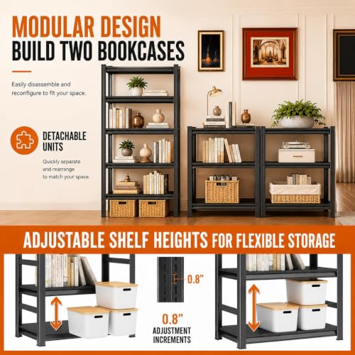 Industrial 5 Tier Bookshelf Black Metal Shelving Unit, Sturdy Book Shelf Storage Rack, Heavy Duty Steel Bookcase for Living Room Bedroom Office Kitchen, Free Standing Tiered Shelf Organizer for Books - size: 5Tier-47.2"Wx23.6"Dx77.4