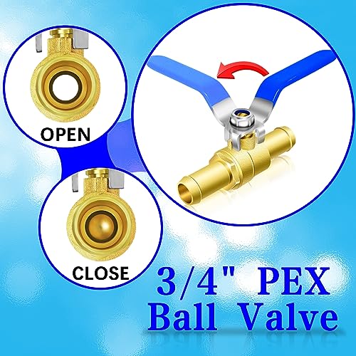 3/4'' Heater Hose Shut Off Ball Valves, 2Pcs Brass Barb Shut Off Ball Valves, 3/4'' PEX Shut Off Valves for Heater Hose, with 4Pcs Stainless Steel Clamps, Use for Water, Oil, Gas, Fuel line Fittings - size: 3/4 inch