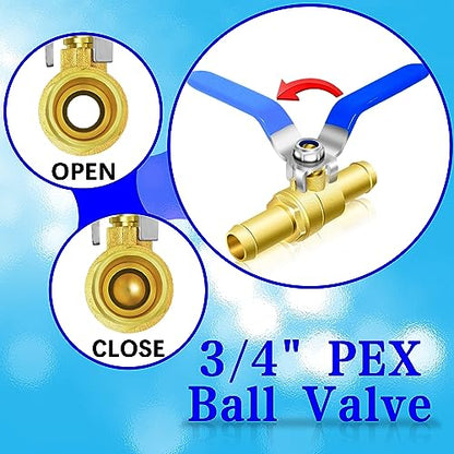 3/4'' Heater Hose Shut Off Ball Valves, 2Pcs Brass Barb Shut Off Ball Valves, 3/4'' PEX Shut Off Valves for Heater Hose, with 4Pcs Stainless Steel Clamps, Use for Water, Oil, Gas, Fuel line Fittings - size: 3/4 inch