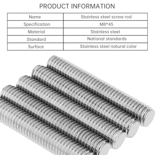 5 Pack M8-1.25 45mm Fully Threaded Rod 304 Stainless Steel 1.25mm Thread Pitch Screw Right Hand Threads Rods Bar Studs for Furniture Machinery Assembly (M8x45mm) - size: M8x45mm