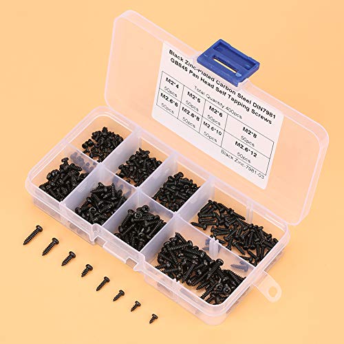 400Pcs M2/M2.6 Self Tapping Screws for Plastic, Stainless Steel Black Cross Self Tapping Screw with Box, Cross Pan Head Screws Set for Plastics, Wood, Soft Metals