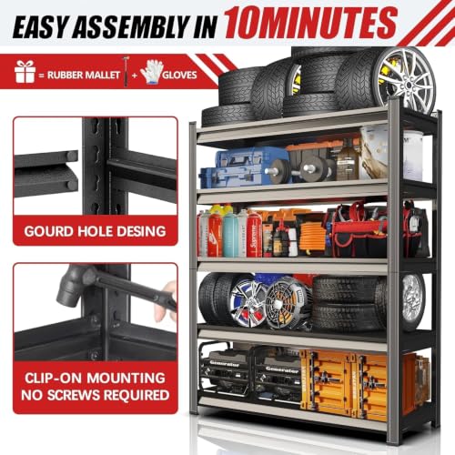 5 Tier Garage Shelving, Metal Heavy Duty Storage Rack, Adjustable Steel Storage Rack for Garage, Warehouse, Workshop, Black (63" H x 45.3" W x 19.7" D) - size: 5-Tier (63"Hx45.3"Wx19.7"D)