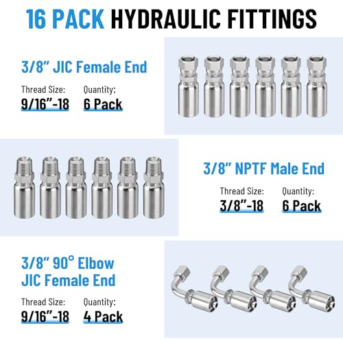 50FT 3/8" Hydraulic Hose with 16PCS Hydraulic Hose Fittings - size: 3/8" Hydraulic Hose - 50FT
