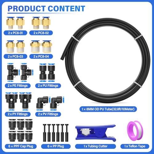 TAILONZ PNEUMATIC Black 8MM or 5/16 Inch OD 10 Meter 32.8ft PU Polyurethane Air Tubing Kit Pipe Hose Air Line Tubing Air Hose Fittings Push to Connect Fittings(31PCS) - color: Black, size: 5/16" OD - 32.8 FT