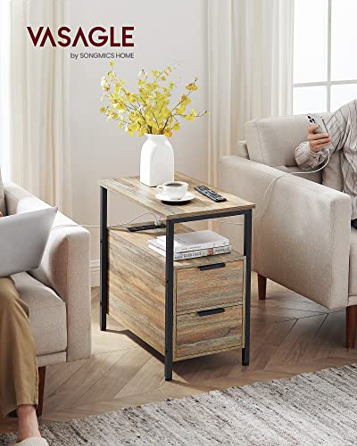 VASAGLE Side End Table with Charging Station, Slim Nightstand with Storage - color: Turquoise Brown + Ink Black, size: 23.6"D x 13.8"W