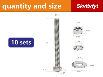 (10 Sets) 5/16-18 x 3" Hex Head Screw Bolt, Nuts, Flat Washer & Spring Lock Washers, 18-8 (304) Stainless Steel, Fully Threaded, by Skvltvfyt - size: 5/16-18x3" (10 Sets)