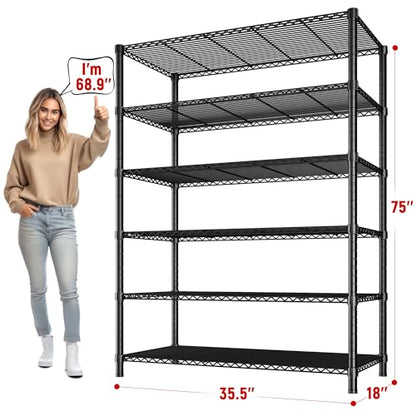 REIBII 75''H 6 Tier Wire Shelving,1800LBS Storage Shelves,Kitchen,Pantry - color: Black, size: 75"H x 35.5"W x 18"D 6 Tier