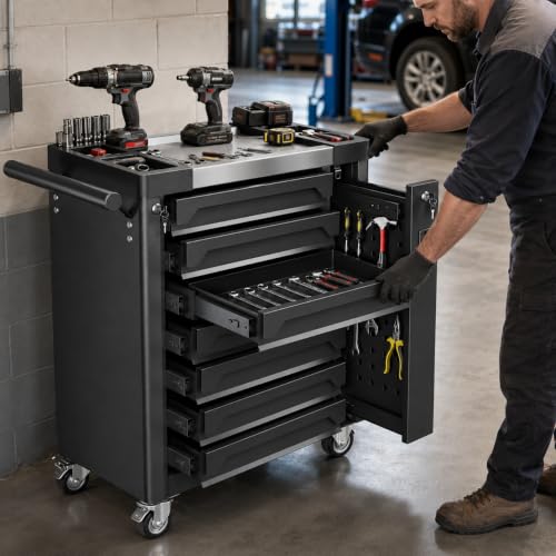 7-Drawer Rolling Tool Chest, Tool Box Lockable Metal Tool Cabinet with Side Storage Cabinet, Ball Bearing Slides Steel Organizer,Heavy-Duty Powder-Coated Tool Cart for Garage Workshope, Black