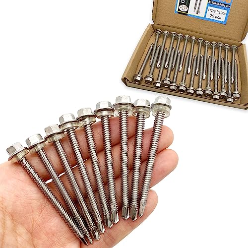 #12x2-1/2 Hex Washer Head Self Drilling Screws, 410 Stainless Steel, Self Tapping Sheet Metal Tek Screws, 25 PCS - size: 25 Pcs #12x2-1/2