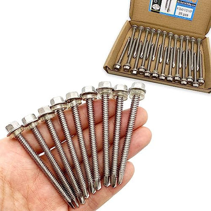 #12x2-1/2 Hex Washer Head Self Drilling Screws, 410 Stainless Steel, Self Tapping Sheet Metal Tek Screws, 25 PCS - size: 25 Pcs #12x2-1/2