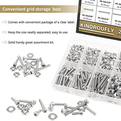 252 Pieces #6-32 x 3/16", 1/4", 5/16", 3/8", 1/2", 5/8", 3/4", 1", Hex Socket Head Cap Screws Nuts Washers Assortment Kit, 304 Stainless Steel, Fully Machine Thread - size: #6-32, style: Socket Head