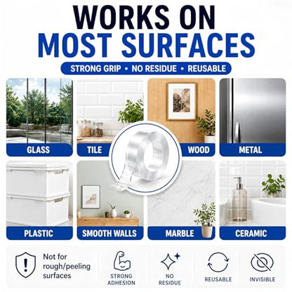 Double Sided Tape Heavy Duty, Nano Clear Mounting Tape, Picture Hanging Poster Carpet Tape for Walls, Dorm Office School Outdoor, Removable Adhesive 【2 Rolls】（9.85FTx1.2in&0.8in - size: 19.7 Feet