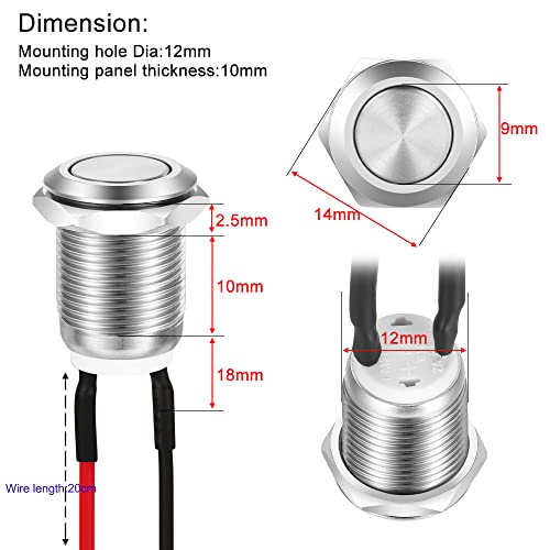 Gebildet 10pcs 12mm 2A 12V/24V/125V/250V AC Prewired Waterproof Push Button Momentary Stainless Steel Push Button On Off (Flat Head) - color: SS-Momentary-10pcs