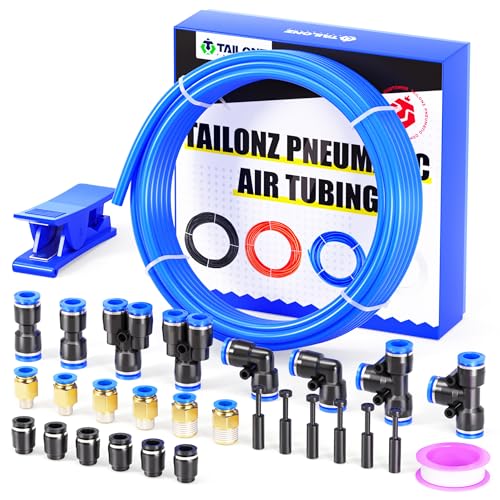 TAILONZ PNEUMATIC Blue 10MM Inch OD 10 Meter 32.8ft PU Polyurethane Air Tubing Kit Pipe Hose Air Line Tubing Air Hose Fittings Push to Connect Fittings(29PCS) - color: Blue, size: 25/64" OD - 32.8 FT