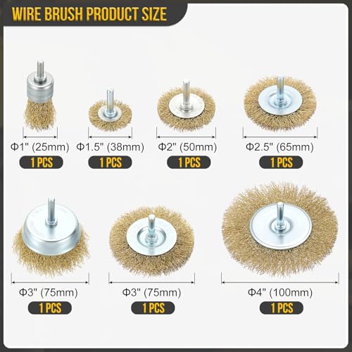 DTGN 7 Pcs Wire Wheel Cup Brush Set for Drill, 1/4 Inch Round Shank - size: 1/1.5/2/2.5/3/4 inch