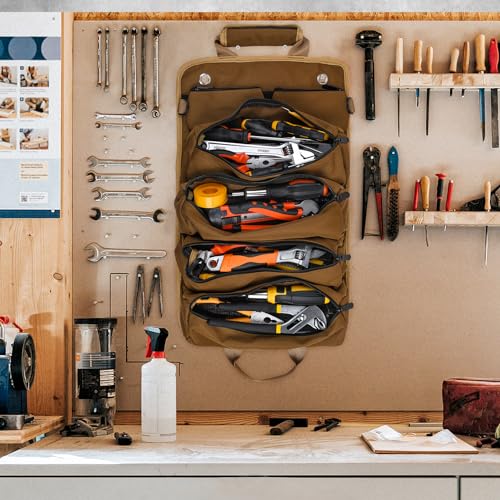 Tool Bag, Tool Bags for Men, Heavy Duty Tool Organizer, Portable Roll Up Tool Bag Gifts For Him, Mechanic, Electrician and Hobbyist, Car Tool Roll Organizer - Khaki - color: Khaki
