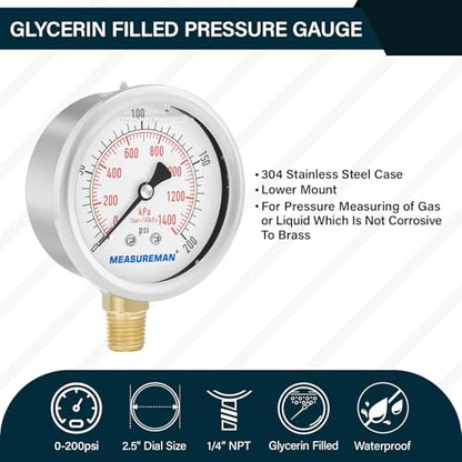 MEASUREMAN 2-1/2inch Dial Size, Liquid Filled Pressure Gauge, 0-200psi/kpa, 304 Stainless Steel Case, 1/4 inchNPT Lower Mount - size: 0-200 psi, style: Lower Mount