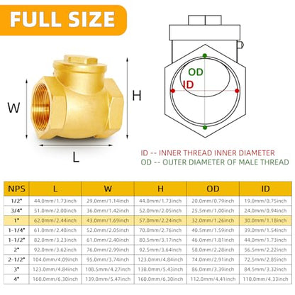 1" NPT Horizontal Swing Check Valve, Brass, Heavy-Duty Female Thread, DN25 - size: 1 Inch